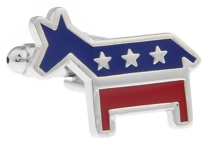 Donkey-shaped lapel pin with American flag design on a white background