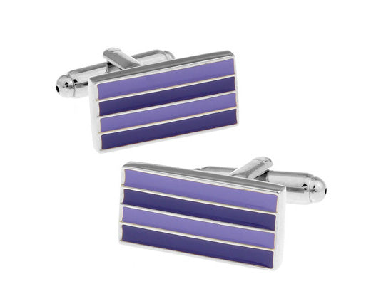 A pair of JayPins purple stripe cufflinks featuring three enamel bands in rich violet and lavender tones on a polished silver base, designed for elegant modern style.