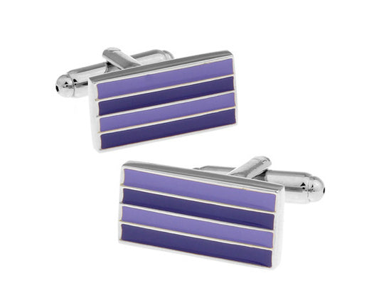A pair of JayPins purple stripe cufflinks featuring three enamel bands in rich violet and lavender tones on a polished silver base, designed for elegant modern style.