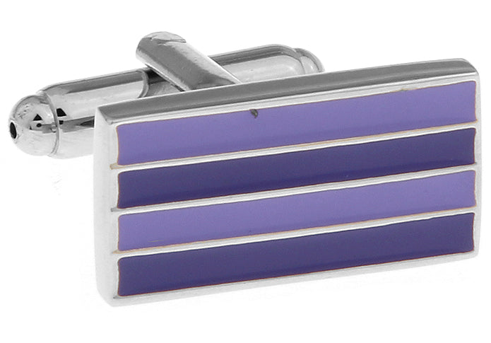 A pair of JayPins purple stripe cufflinks featuring three enamel bands in rich violet and lavender tones on a polished silver base, designed for elegant modern style.