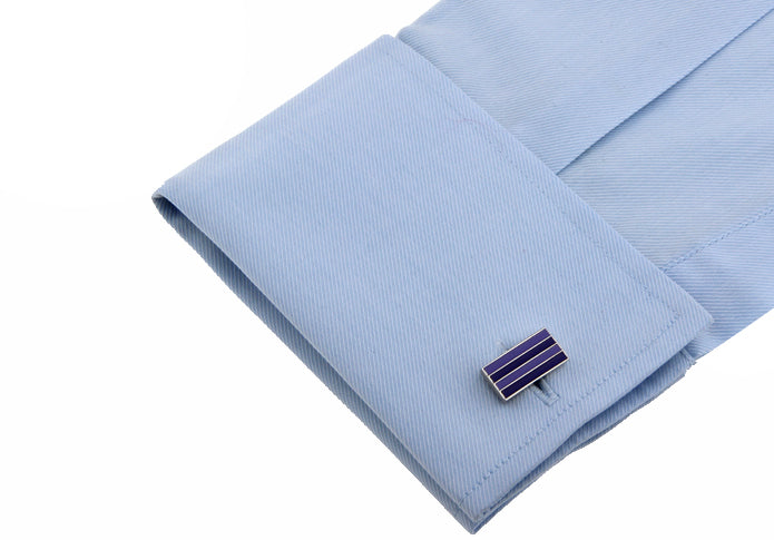A pair of JayPins purple stripe cufflinks featuring three enamel bands in rich violet and lavender tones on a polished silver base, designed for elegant modern style.