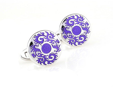 A pair of JayPins Purple Flower Swirl cufflinks featuring a round polished silver base with bold purple enamel swirl and floral designs — a perfect accessory for stylish and confident men.