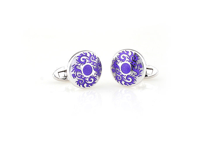 Pair of round cufflinks with purple decorative patterns on a white background