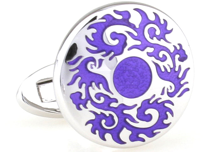 Circular object with purple dragon design on a white background