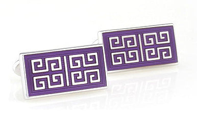 JayPins purple Greek key pattern cufflinks with silver trim, luxury men’s accessory for weddings and formal occasions.