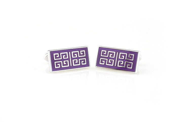 JayPins purple Greek key pattern cufflinks with silver trim, luxury men’s accessory for weddings and formal occasions.