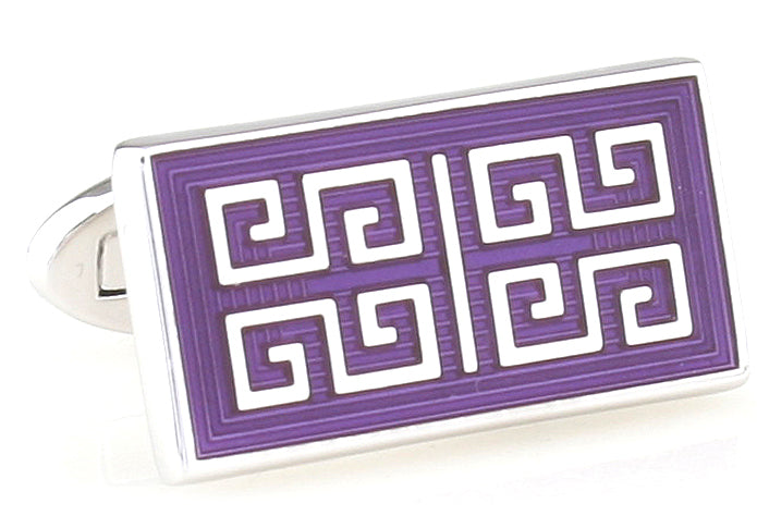 JayPins purple Greek key pattern cufflinks with silver trim, luxury men’s accessory for weddings and formal occasions.