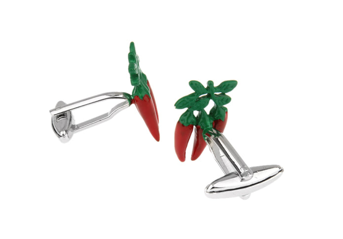 Pair of red chili pepper cufflinks on a white background