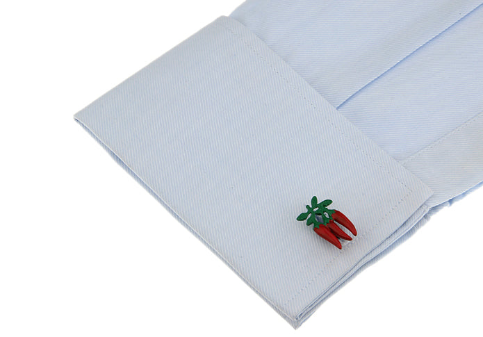 White pocket square with embroidered red chili pepper design on a white background