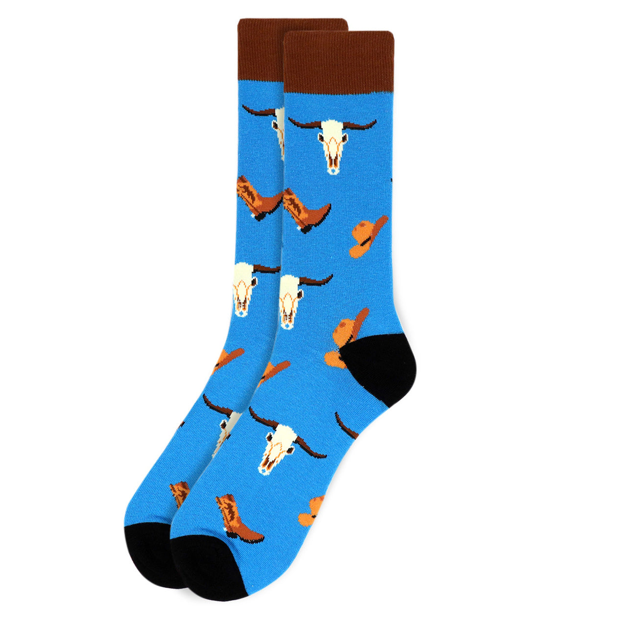 Fun Socks Men's Cowboy Novelty Socks Blue and Black Old West Western Cows and Boots Gift for Dad Cowboy Gifts