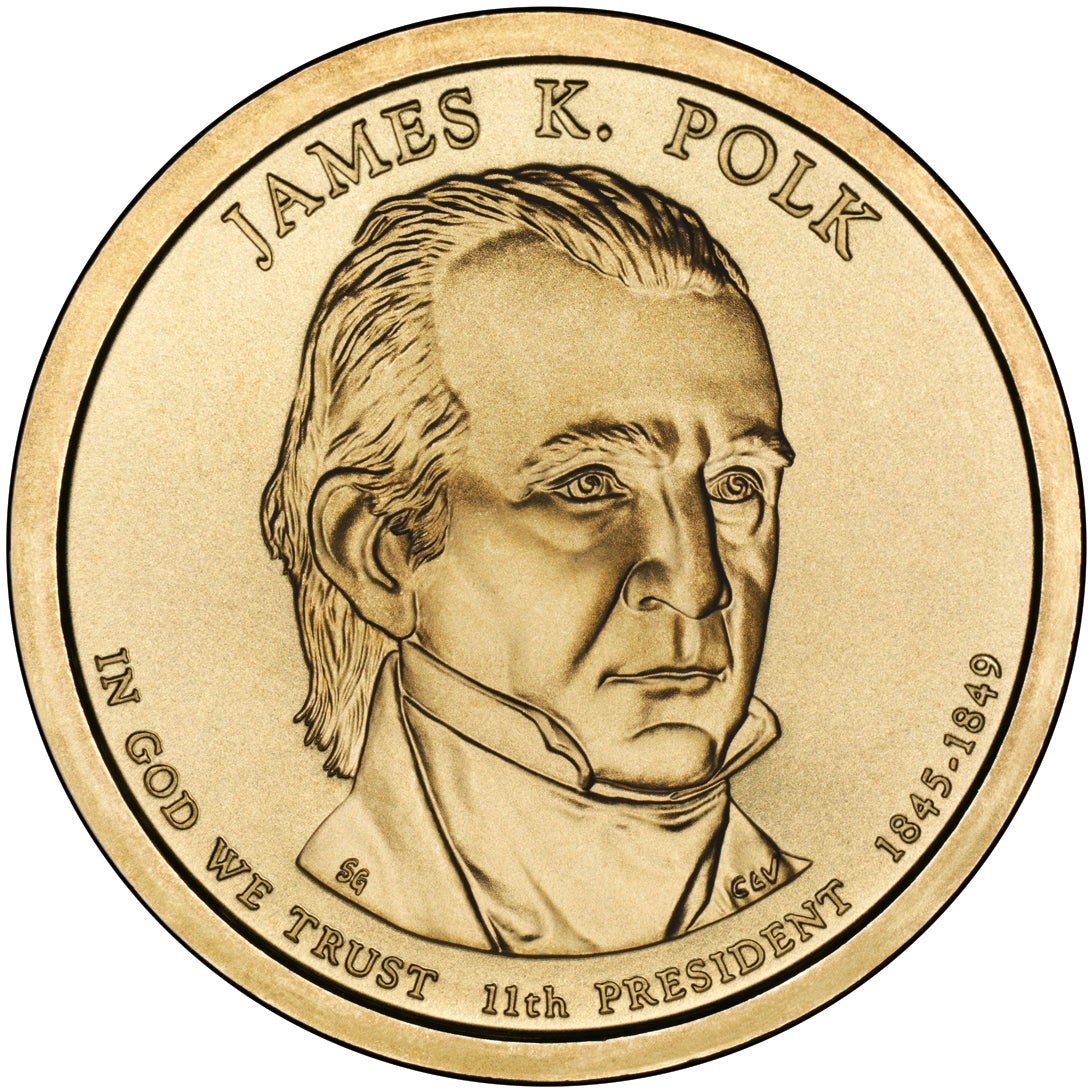 James Polk Presidential Dollar Lapel Pin, Uncirculated One Gold Dollar Coin Enamel Pin