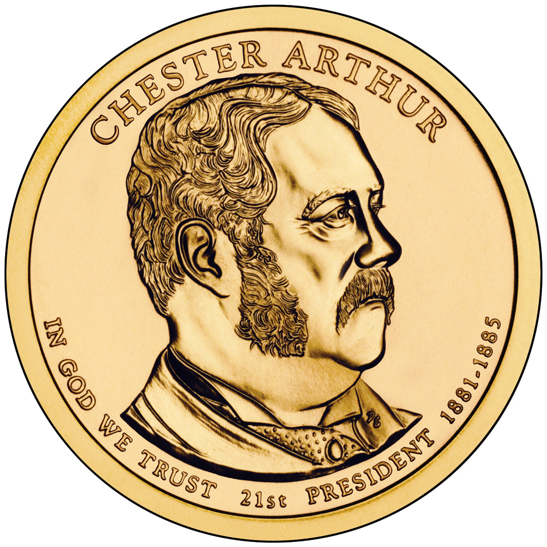 Chester Arthur Presidential Dollar Lapel Pin, Uncirculated One Gold Dollar Coin Enamel Pin