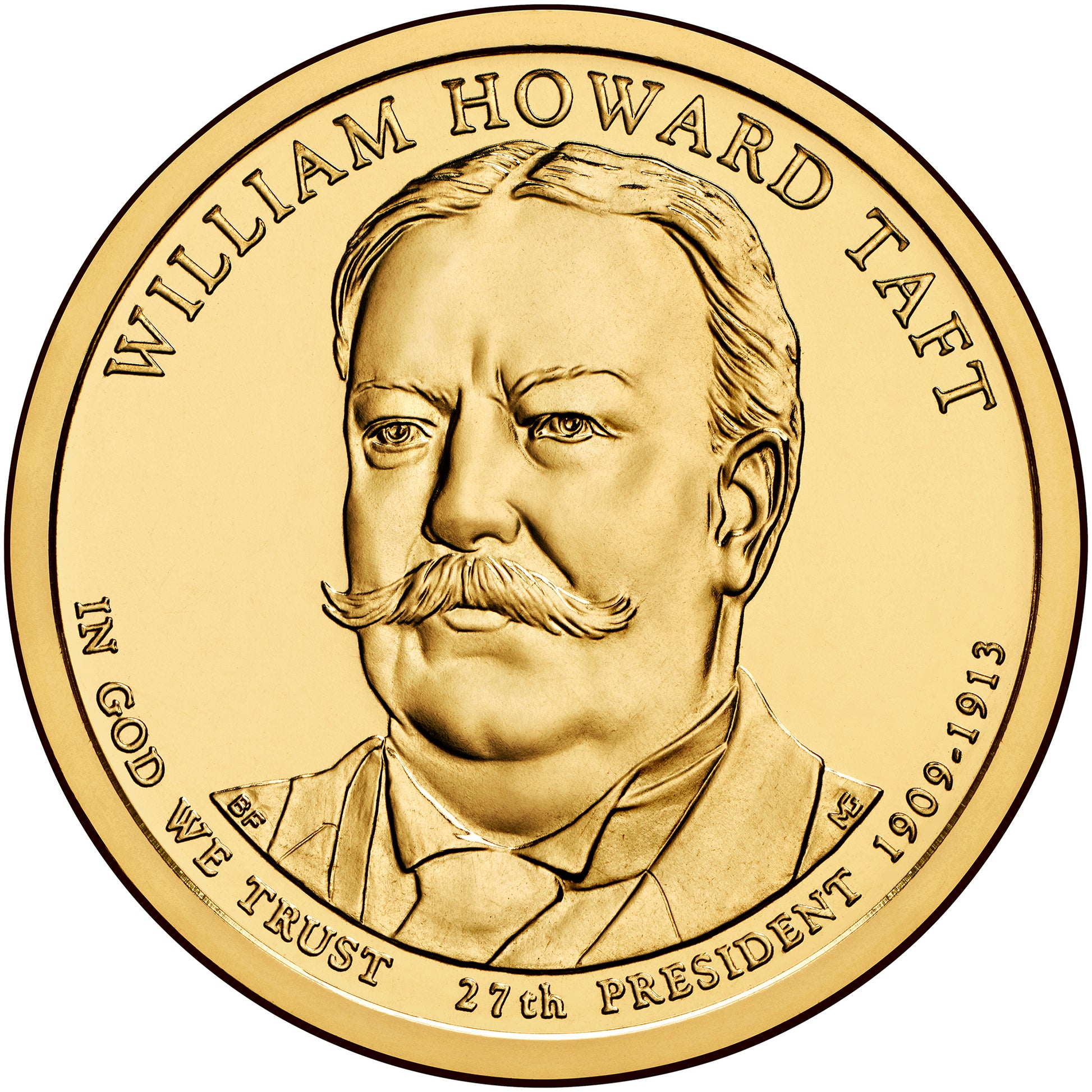 A gold-colored, enamel pin shaped like a dollar coin featuring a portrait of William Howard Taft