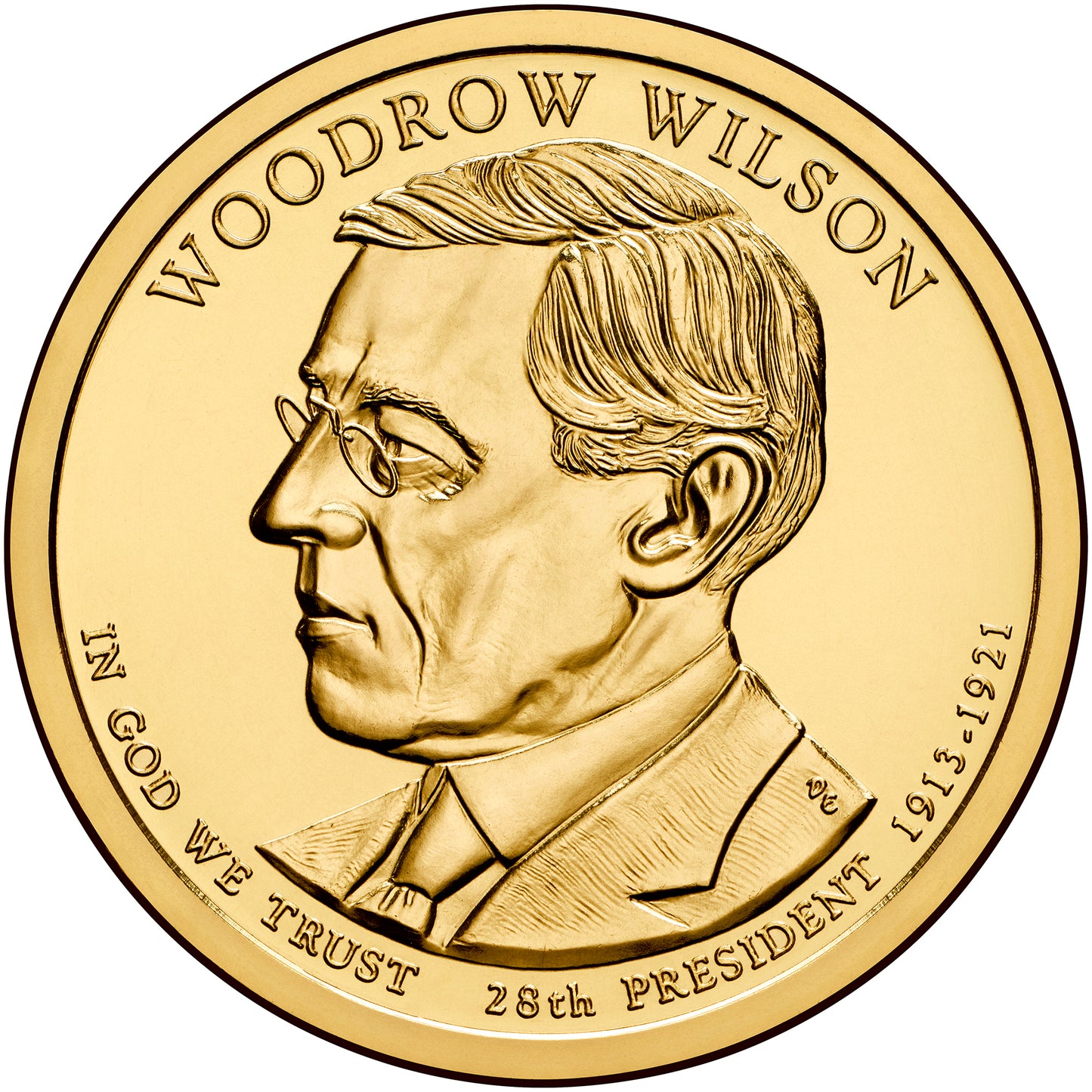 Woodrow Wilson Presidential Dollar Lapel Pin, Uncirculated One Gold Dollar Coin Enamel Pin