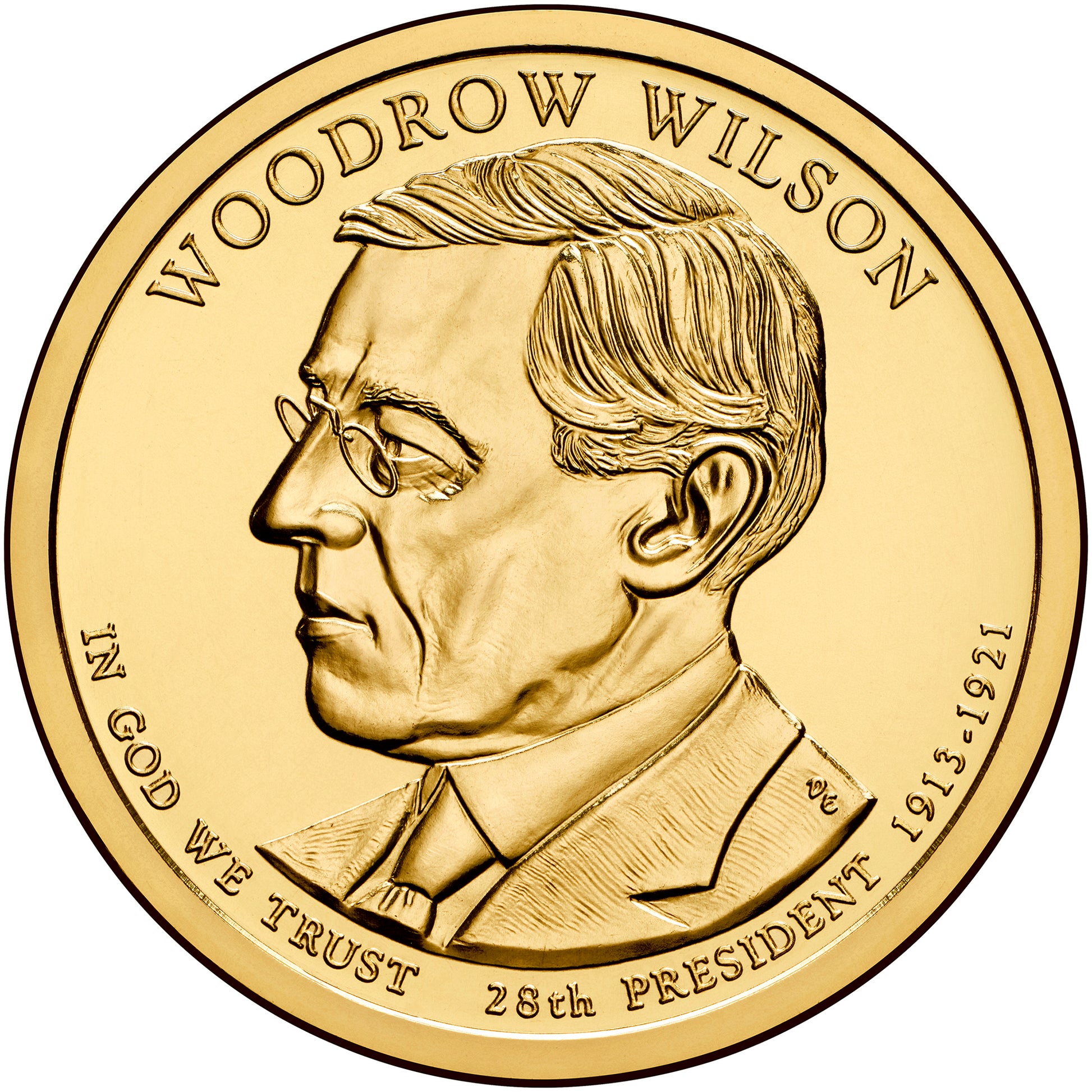 Woodrow Wilson Presidential Dollar Lapel Pin, Uncirculated One Gold Dollar Coin Enamel Pin