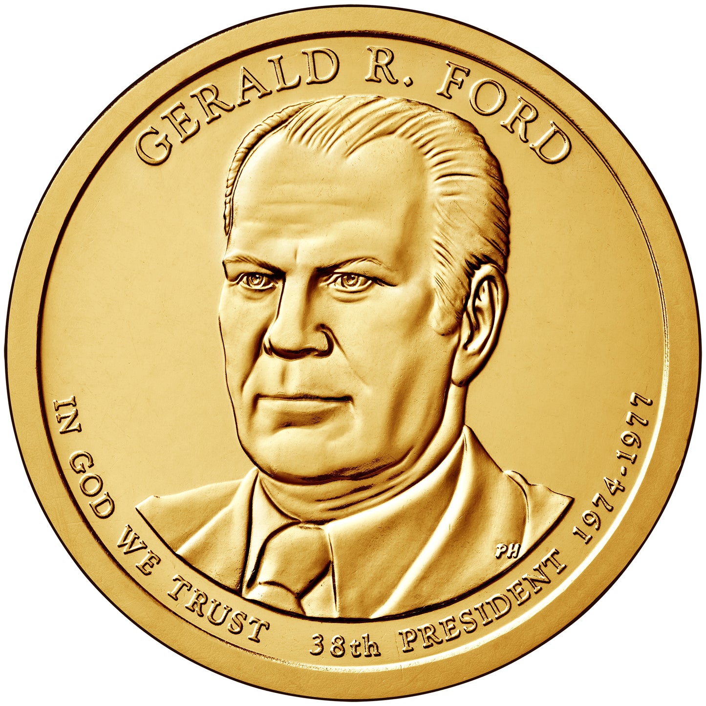 Gerald Ford Presidential Dollar Lapel Pin, Uncirculated One Gold Dollar Coin Enamel Pin
