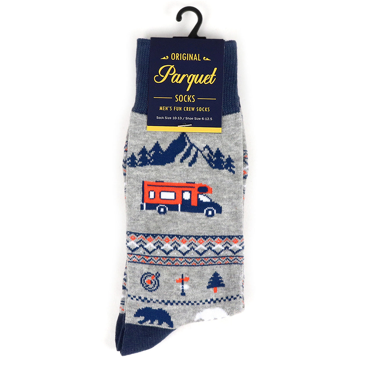 Fun Socks Men's Road Trip Novelty Socks Grey and Blue For Camping Outdoors Hiking Mountains Lovers Everywhere Dad Gifts RV Camping