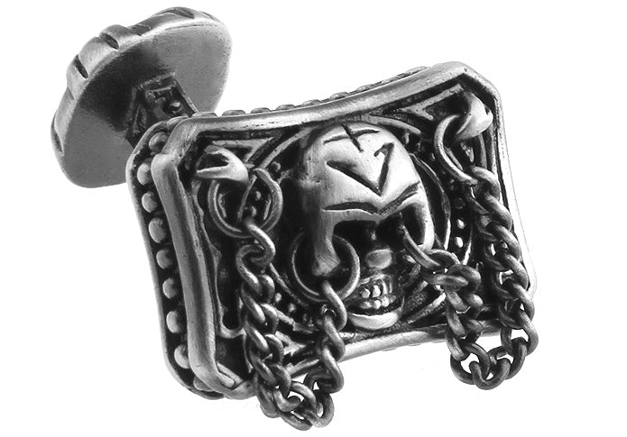 Silver ring with skull and chain design on a white background