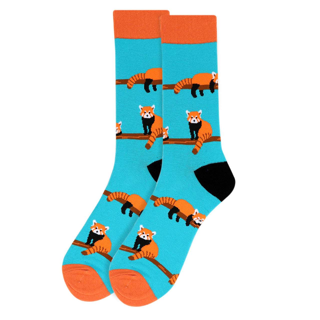 A pair of men's novelty socks featuring a repeated pattern of a red panda on a blue background.