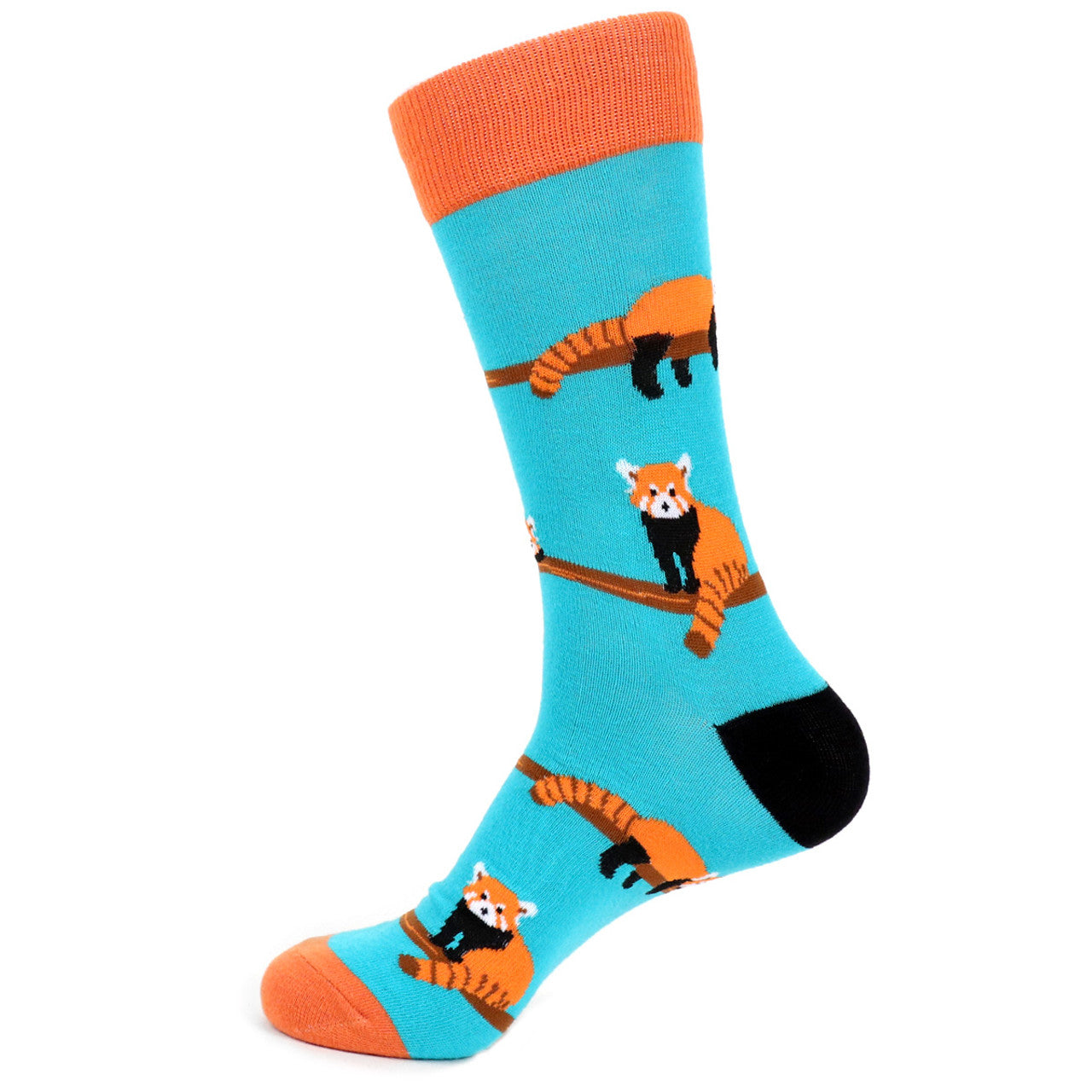 A pair of men's novelty socks featuring a repeated pattern of a red panda on a blue background.