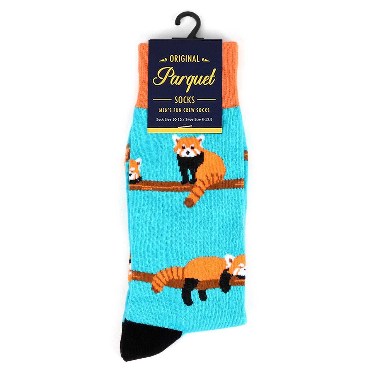A pair of men's novelty socks featuring a repeated pattern of a red panda on a blue background.