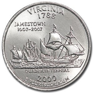 Virginia State Quarter Coin Lapel Pin Uncirculated U.S. Quarter 2000 Tie Pin