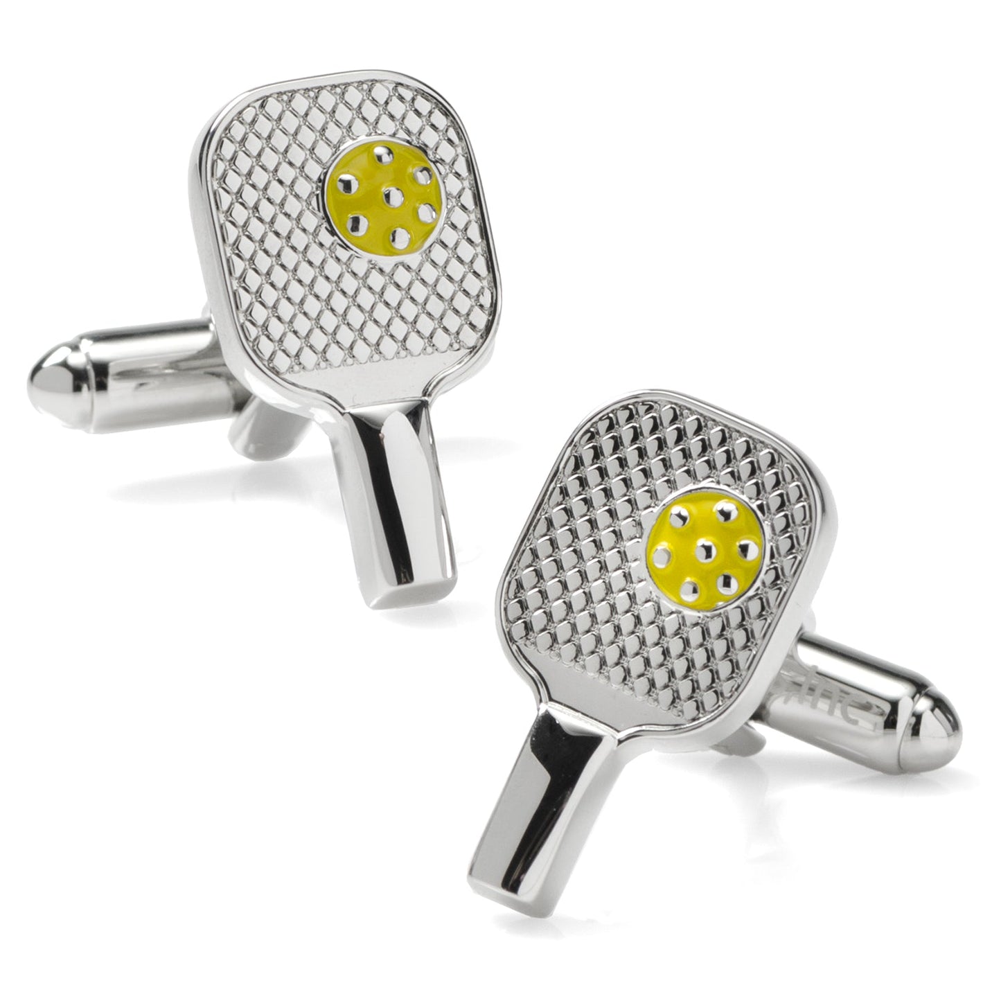 Pickleball paddle cufflinks with yellow center on a white background