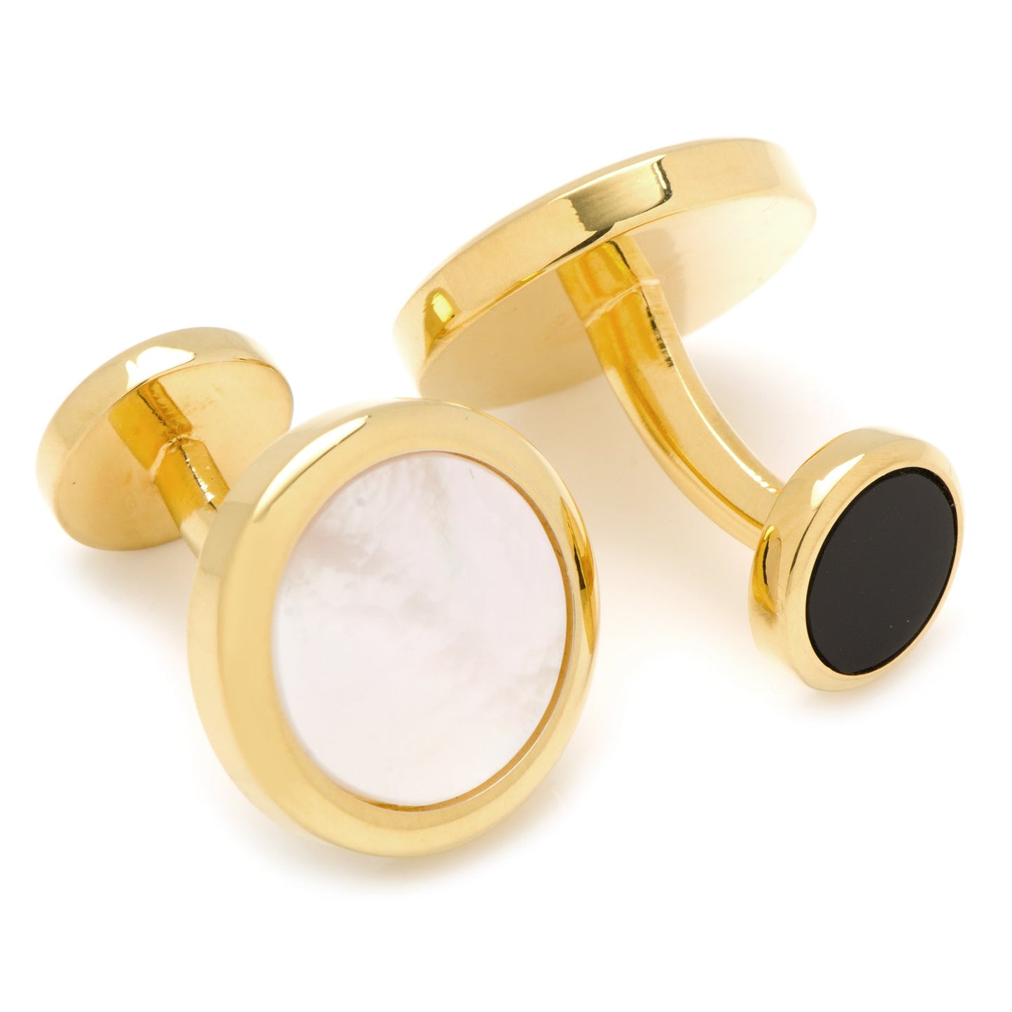 Gold cufflinks with white and black stones on a white background