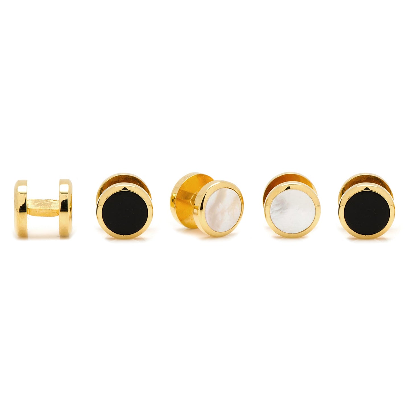 Set of gold and black earrings on a white background