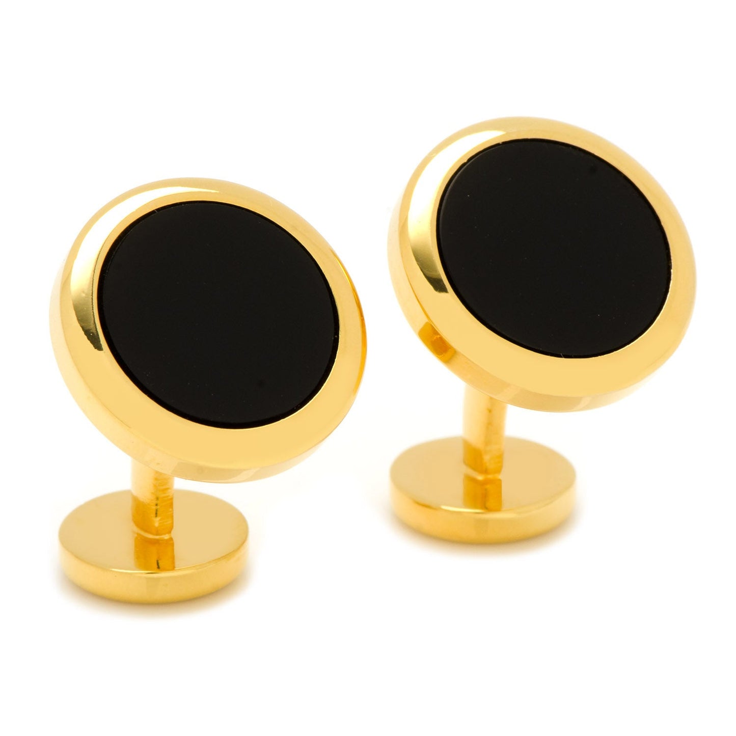 Gold cufflinks with black round stones on a white background