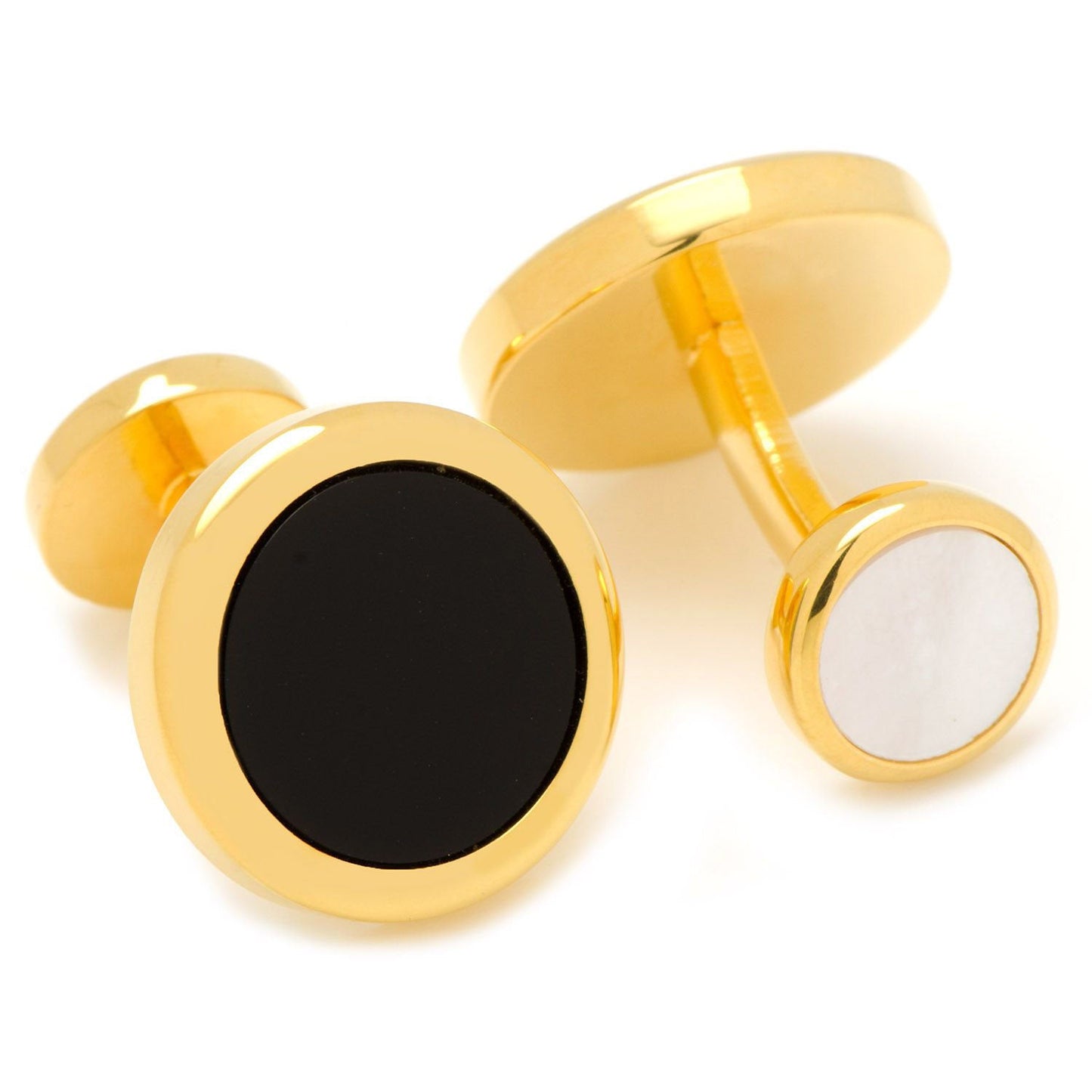 Gold cufflinks with black and white stones on a white background
