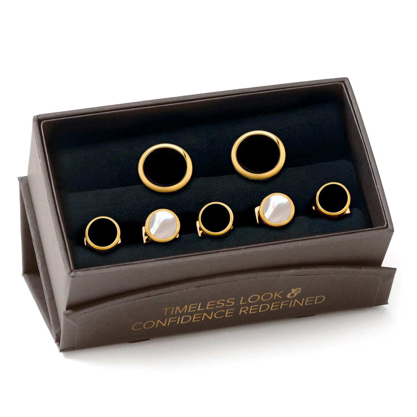 Set of gold and pearl earrings in a branded box on a white background
