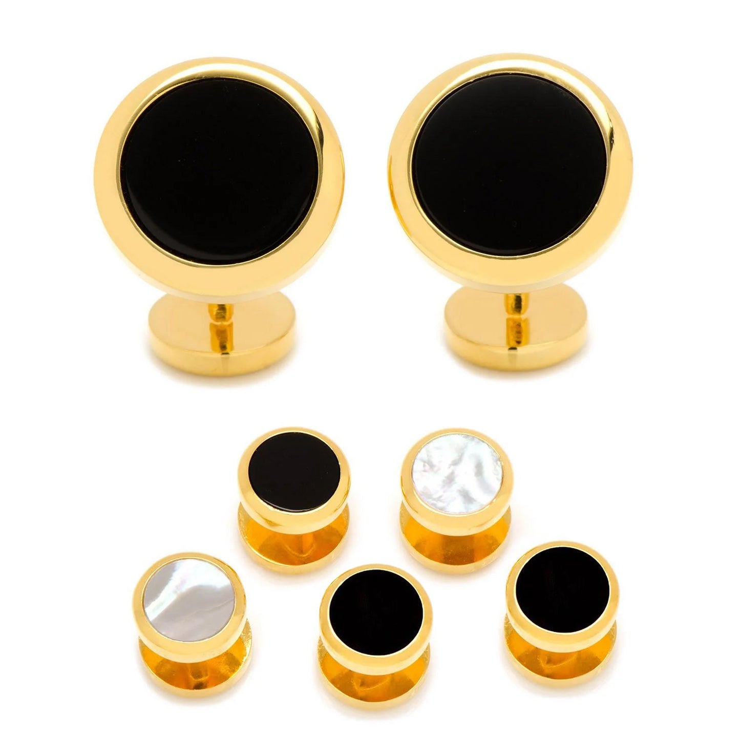 Set of gold and black cufflinks on a white background