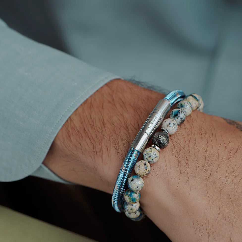 Lhasa Graffiato Beaded Bracelet in Rhodium Silver with Cream and Blue Azurite