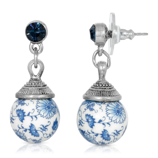 Women's Earrings Jewelry Blue Willow Round Beaded Post Drop Earrings