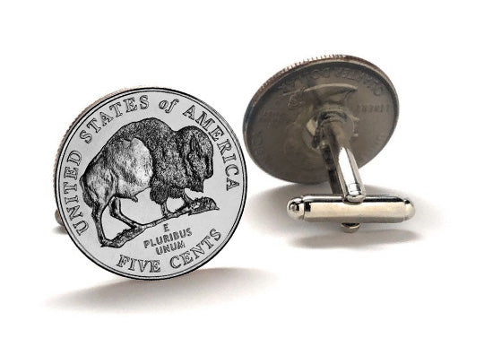 A pair of silver-colored cufflinks featuring an image of a buffalo on an uncirculated 2005 Buffalo Nickel. The cufflinks have a rhodium-plated silver backing and are displayed against a white background.