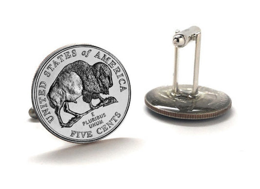 A pair of silver-colored cufflinks featuring an image of a buffalo on an uncirculated 2005 Buffalo Nickel. The cufflinks have a rhodium-plated silver backing and are displayed against a white background.