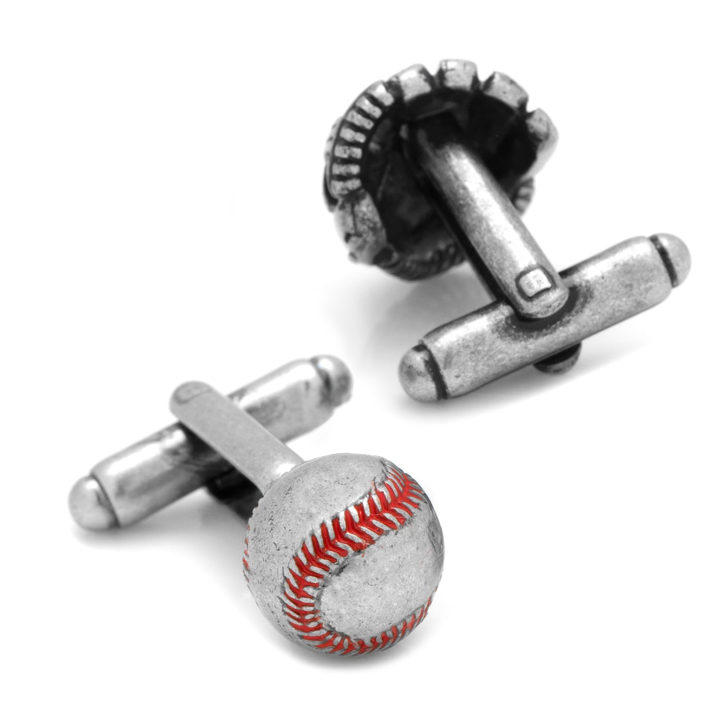 Baseball and bat cufflinks on a white background