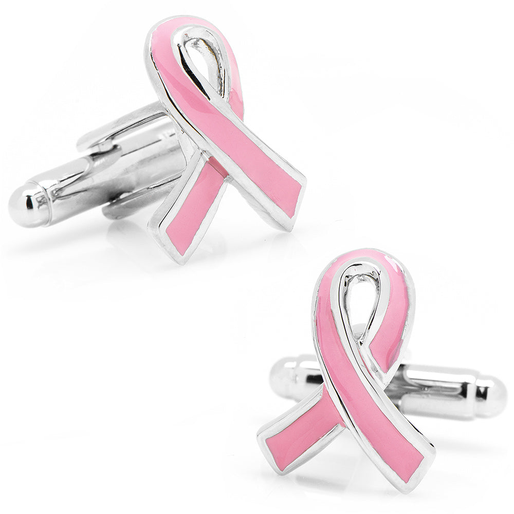 Pink breast cancer awareness ribbon cufflinks on a white background