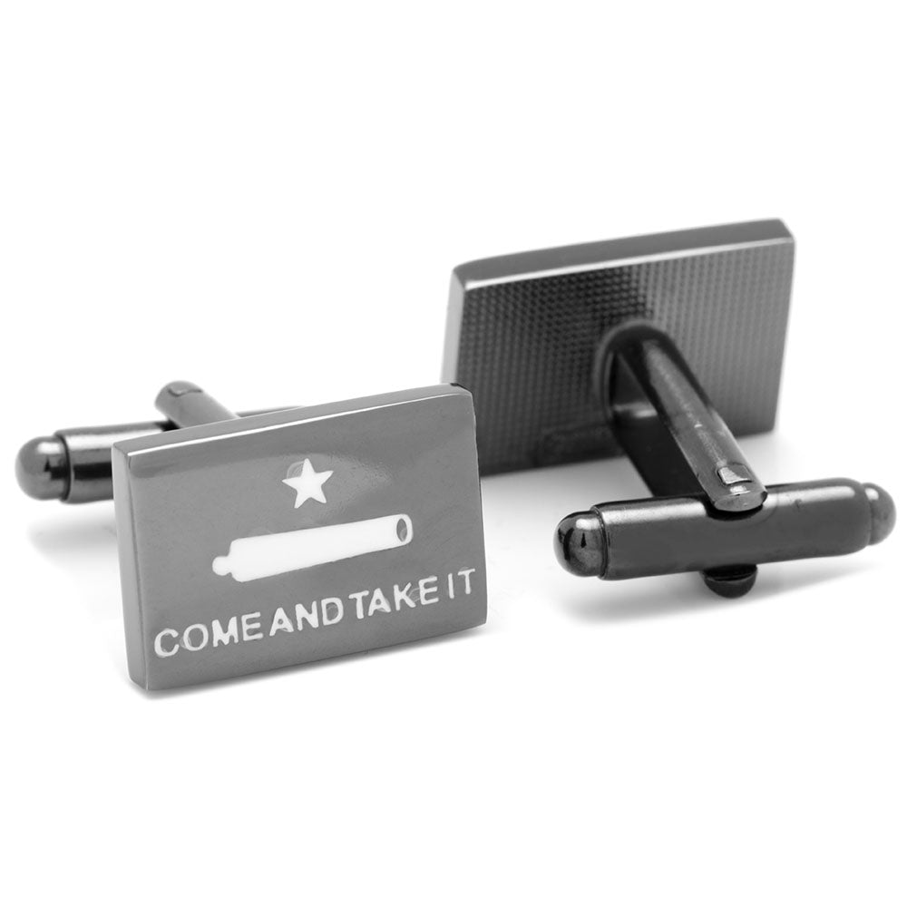 Cufflinks with 'Come and Take It' text and star design on a white background