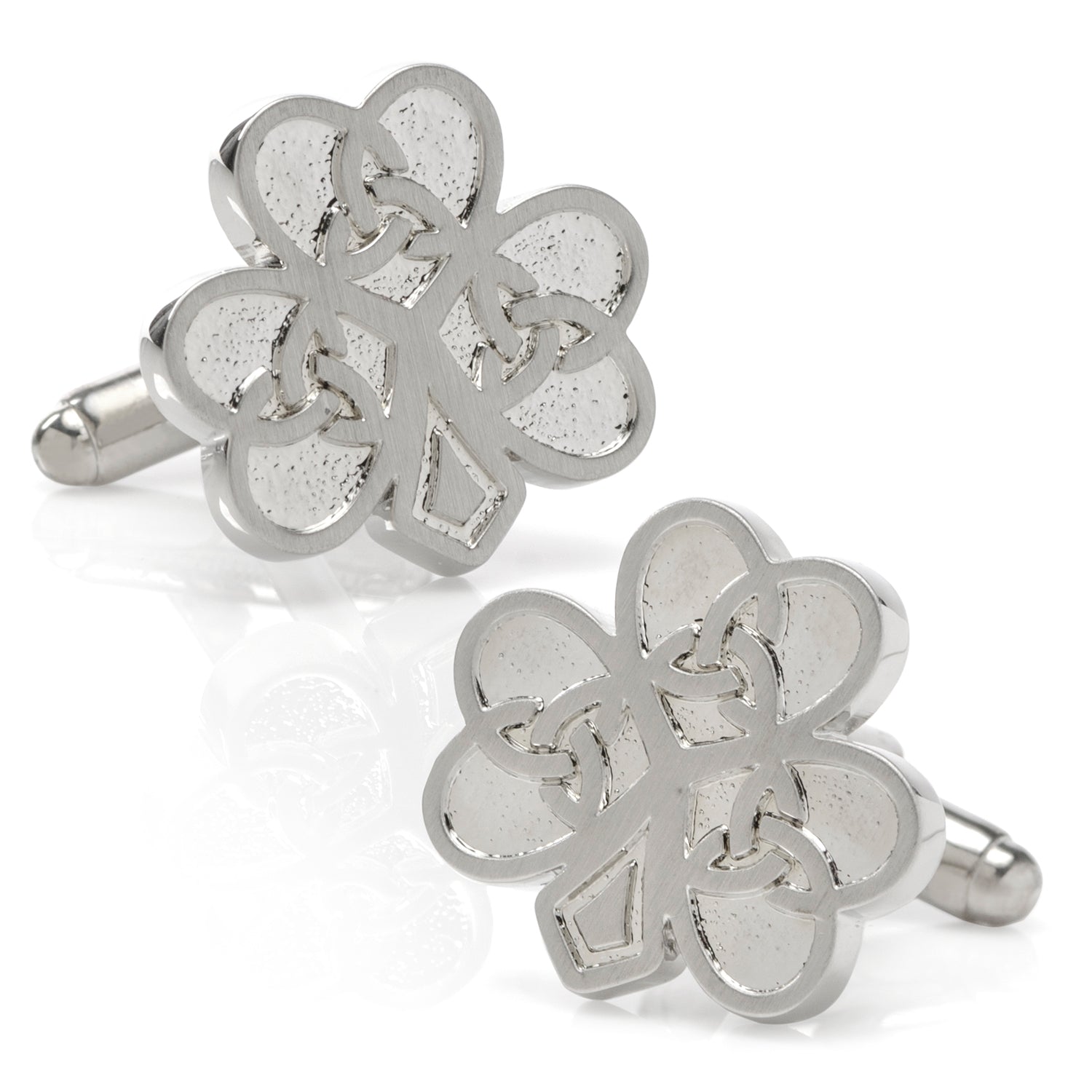 Silver floral cufflinks on a white background