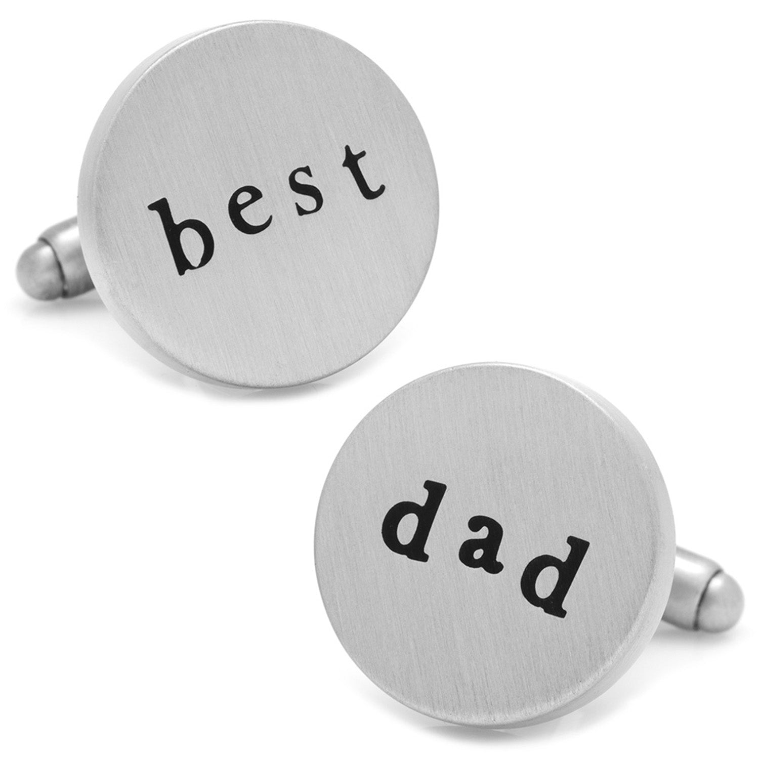 Silver cufflinks with 'best dad' text on a white background