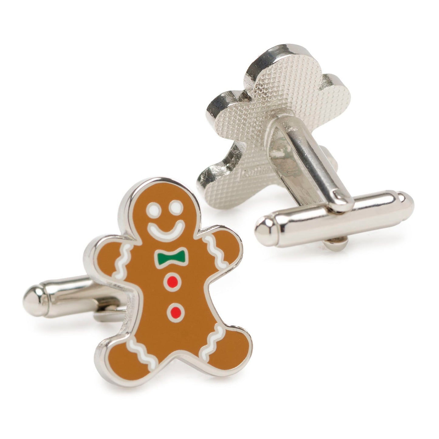 Gingerbread man cufflinks on a white background