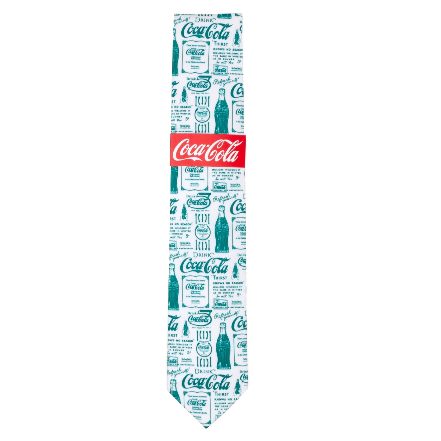 Coca-Cola tie with brand logos and text on a white background
