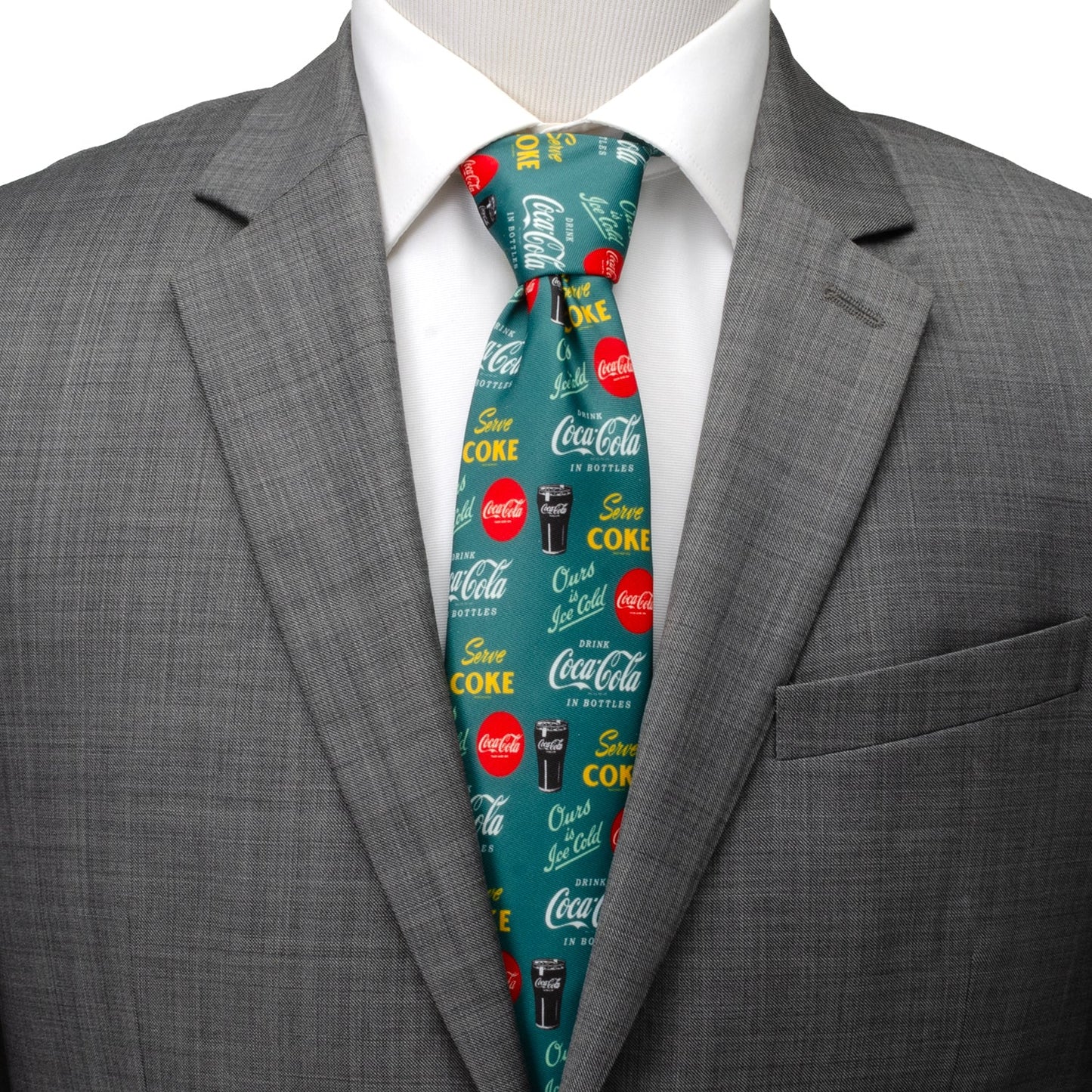 Gray suit with a Coca-Cola tie on a white background