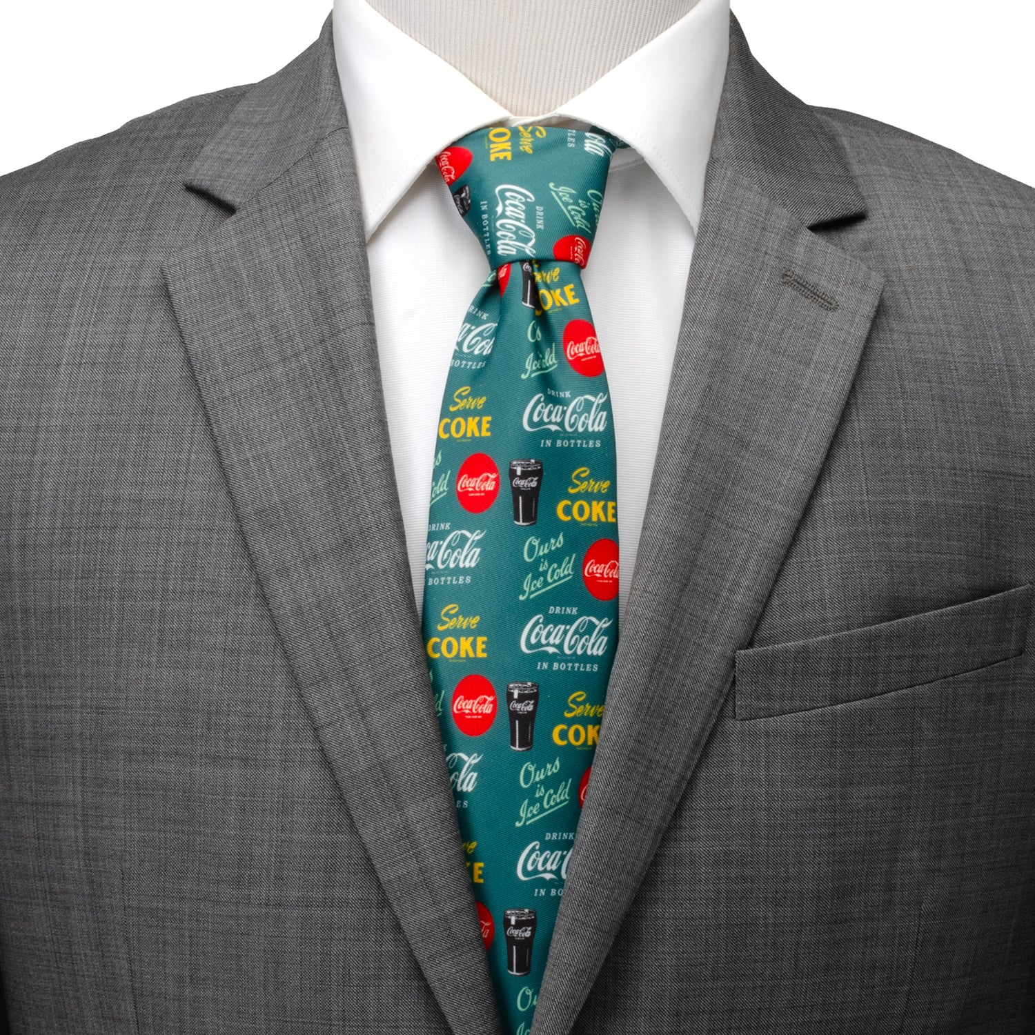 Gray suit with a Coca-Cola tie on a white background