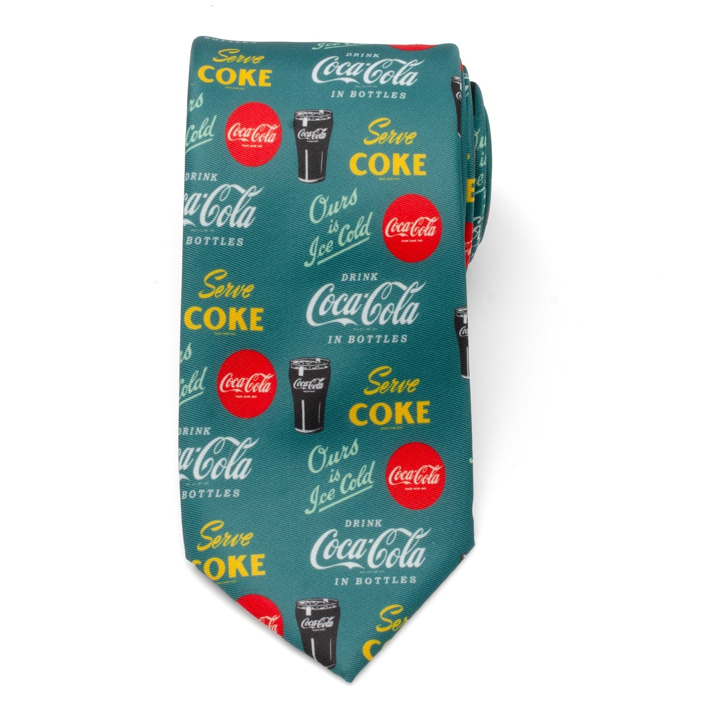 Coca-Cola tie with brand logos and text on a white background