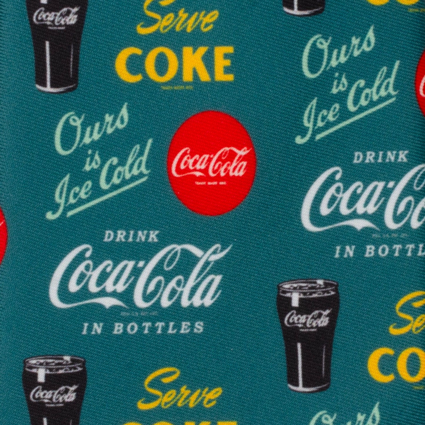 Coca-Cola branded pattern with text and logo on a teal background