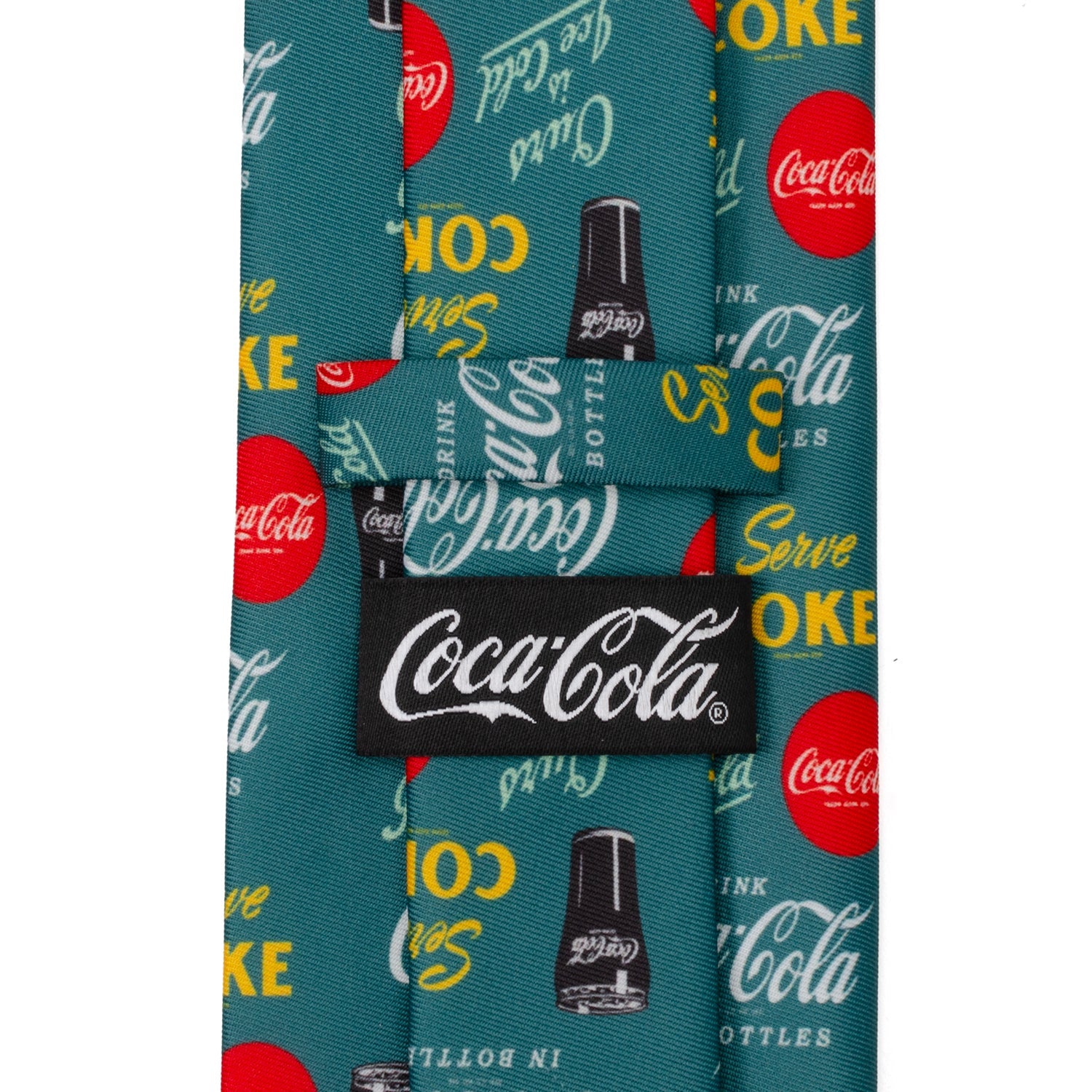 Coca-Cola branded necktie with colorful graphics on a white background