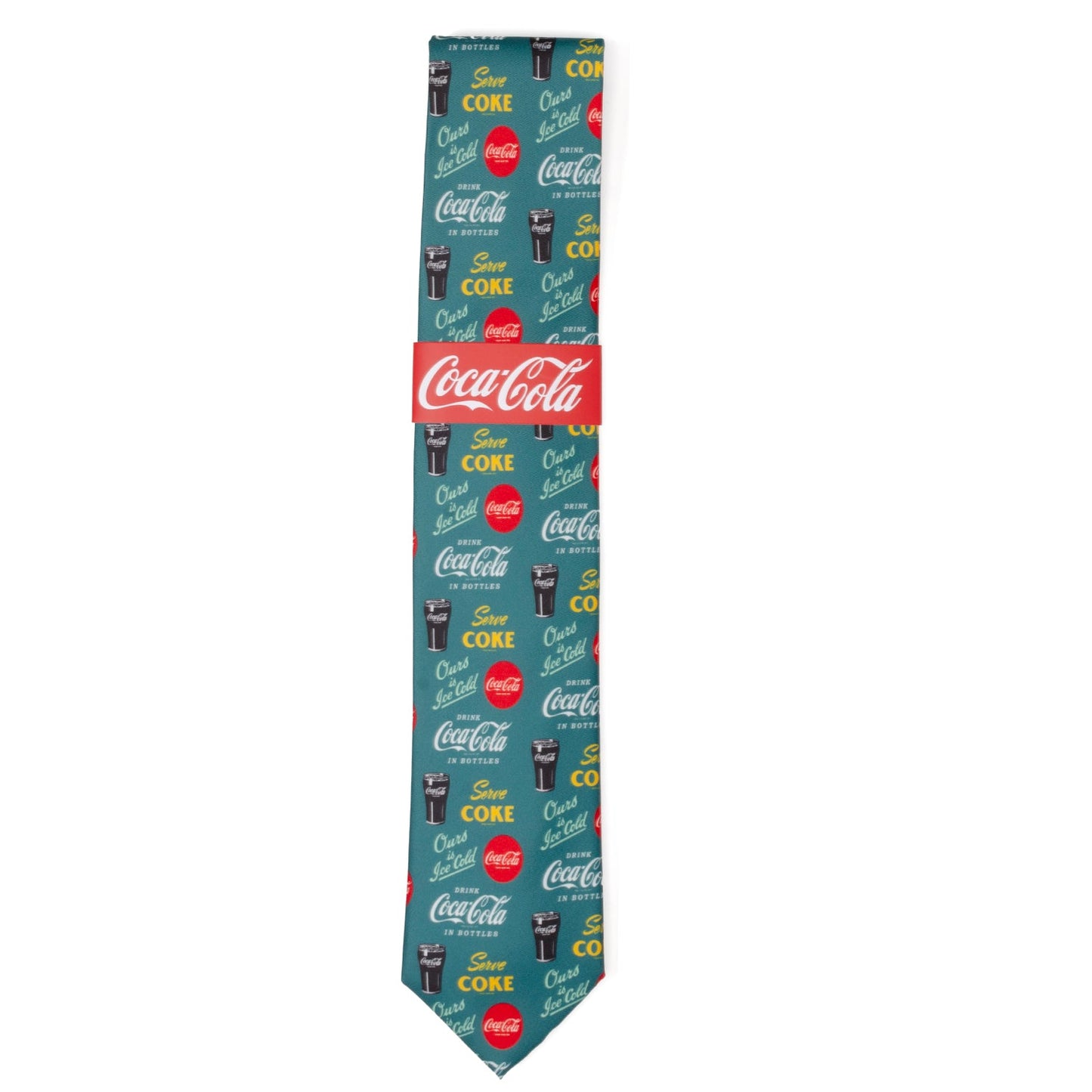 Coca-Cola tie with vintage logo and text design on a white background